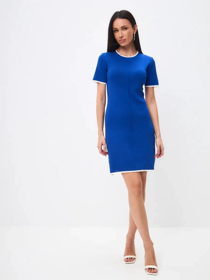 Asteria Mini Dress by Lauven, featuring a vibrant blue color and sleek contrast trim for modern elegance.