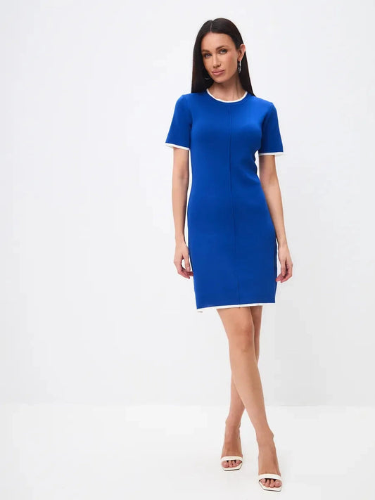 Asteria Mini Dress by Lauven, featuring a vibrant blue color and sleek contrast trim for modern elegance.
