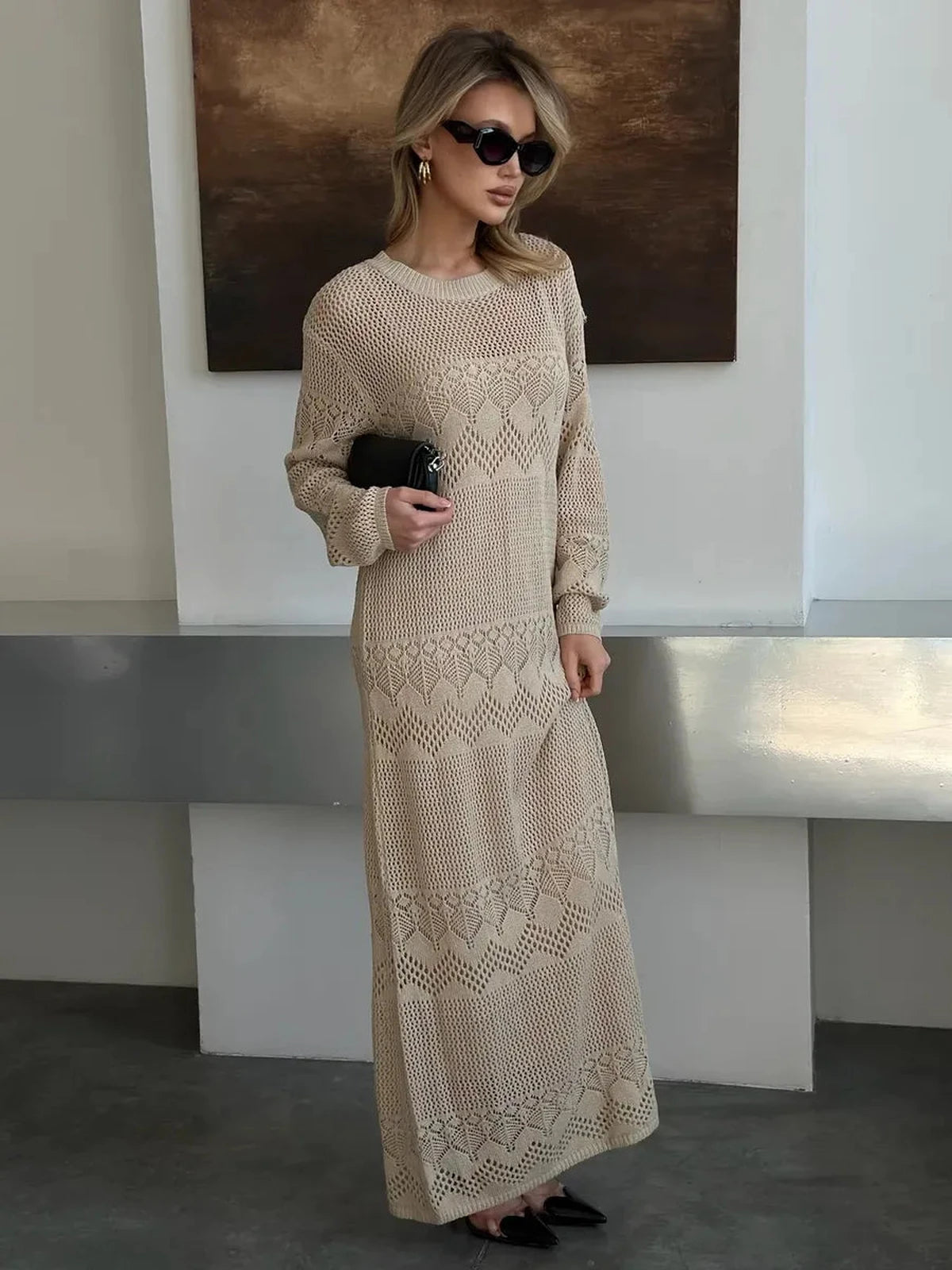 Verona Maxi Dress in beige crochet knit by Lauven, showcasing a relaxed silhouette for summer sophistication.