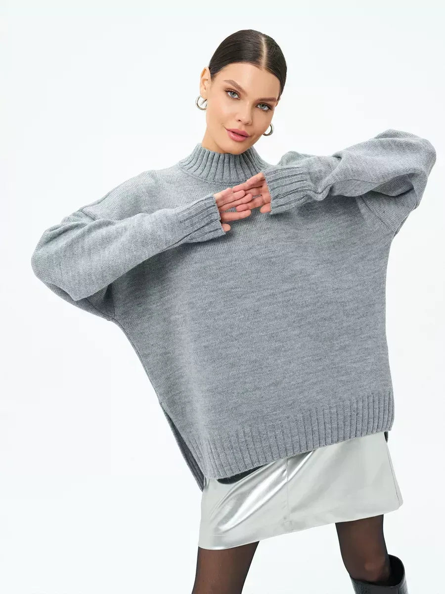 Luna Sweater by Lauven, oversized knitwear in dark gray with ribbed turtleneck, perfect for modern elegance.