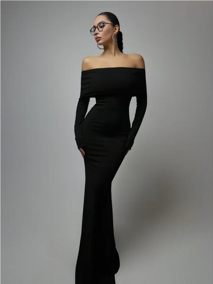 Noctara Maxi Dress by Lauven - Off-Shoulder Sculpting Silhouette in Deep Black