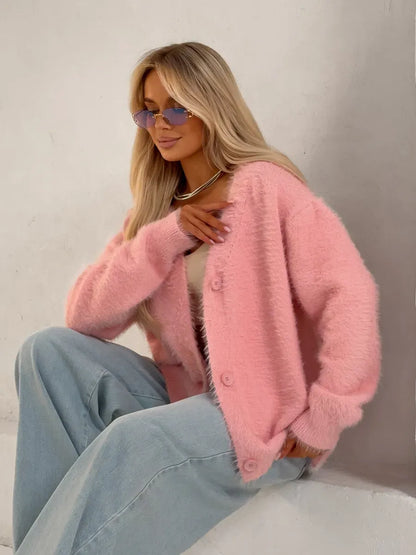 Flora Cardigan by Lauven, oversized pink fluffy knit with button closure, styled for modern women.