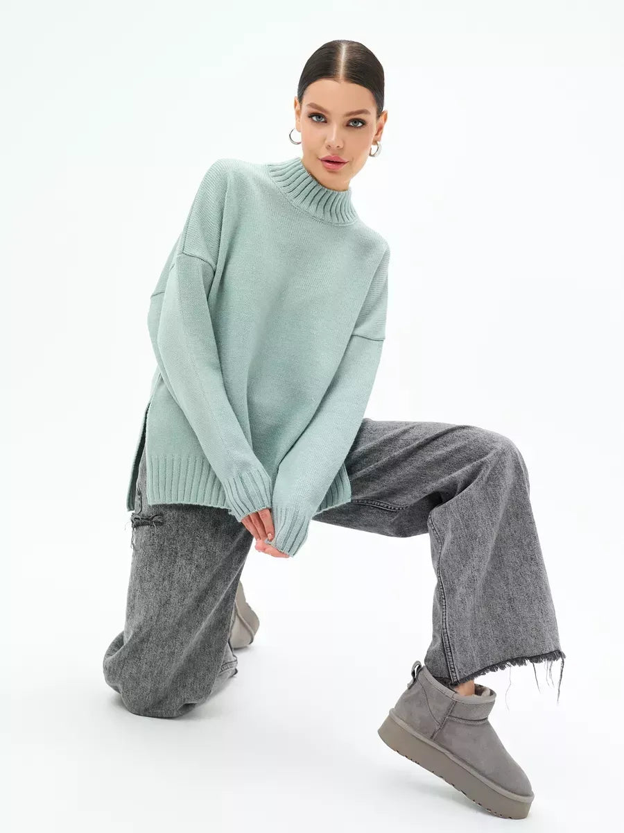 Celeste Sweater by Lauven, oversized mint green wool blend knit, perfect for fall and winter layering.