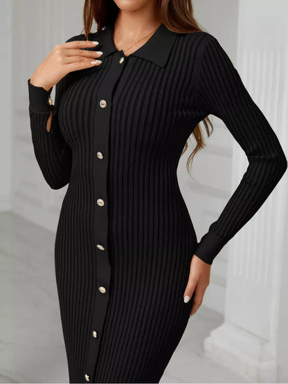 Noir Midi Dress by Lauven – Elegant ribbed knit with button-down detail and long sleeves.
