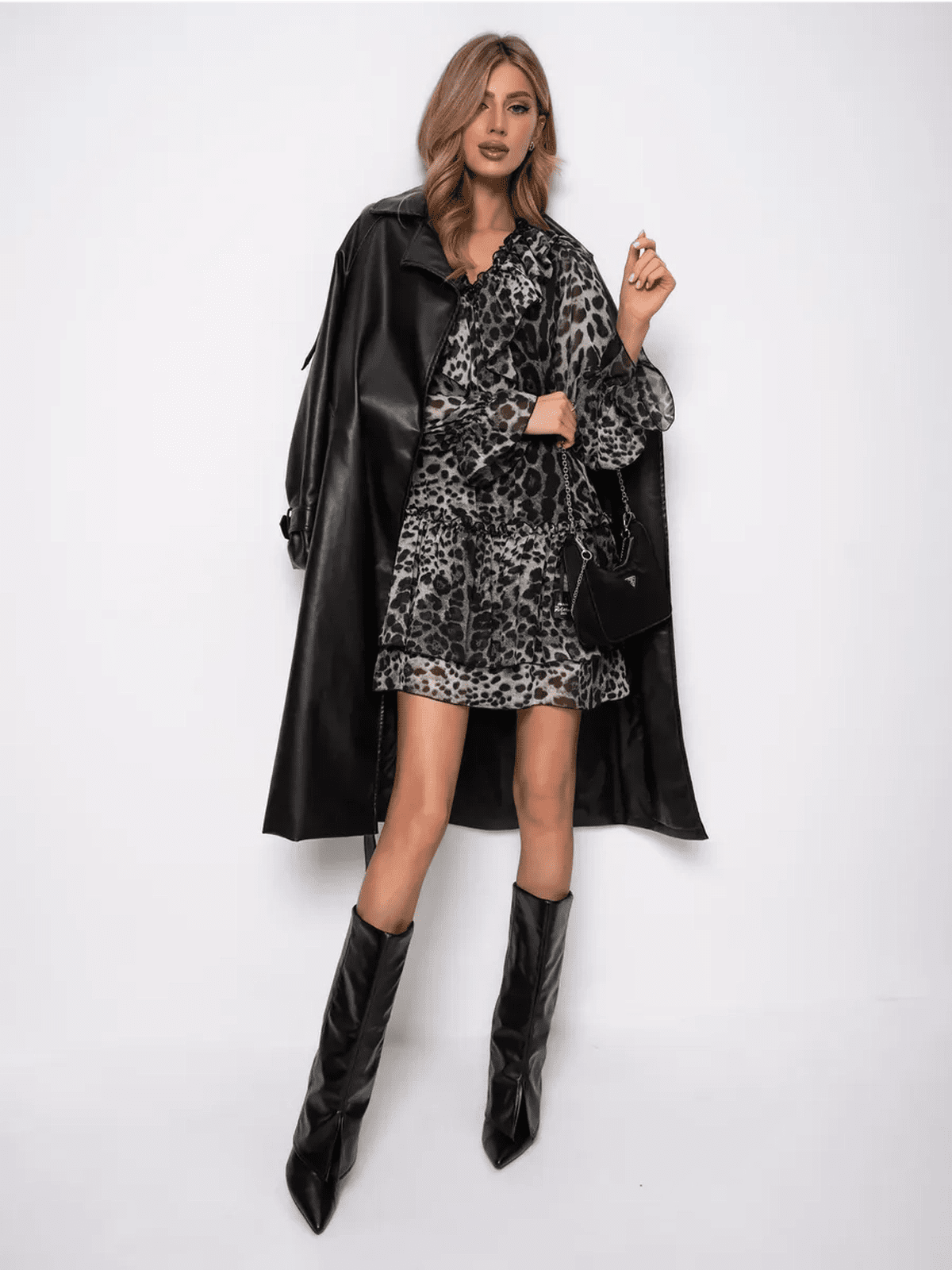 Lunara Mini Dress — Metallic gray leopard chiffon elegance by Lauven, showcased with a stylish black trench coat.