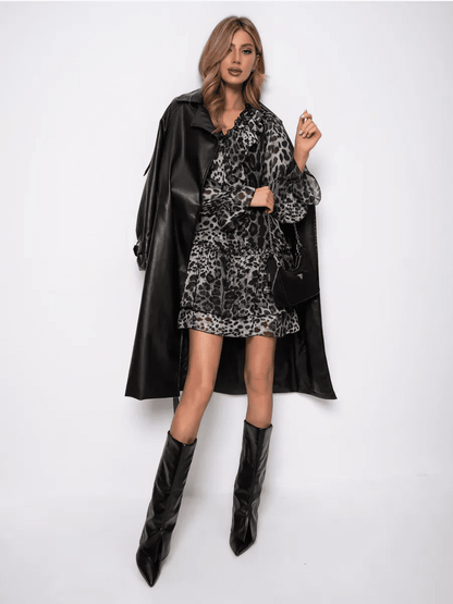 Lunara Mini Dress — Metallic gray leopard chiffon elegance by Lauven, showcased with a stylish black trench coat.
