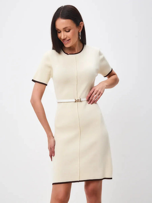 Marbella Mini Dress by Lauven featuring a soft neutral tone, breathable knit, and refined elegance for any occasion.