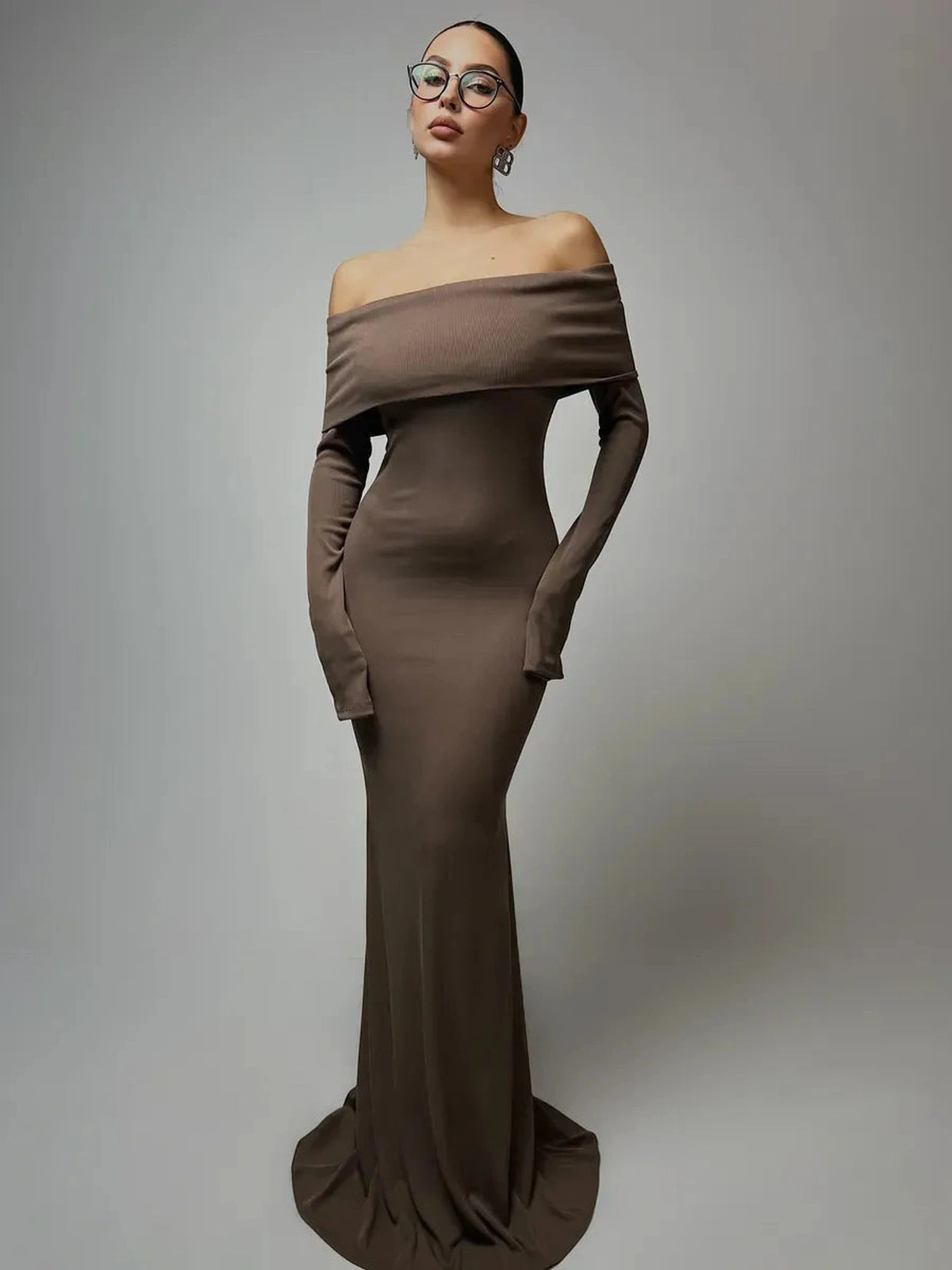 Solara Maxi Dress by Lauven - Off-Shoulder Ribbed Design in Rich Chocolate Color