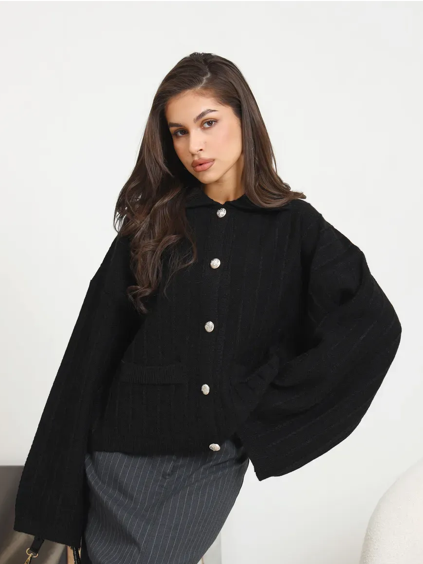 Onyx Cardigan by Lauven - Oversized black knitwear with bell sleeves and braided pattern for stylish layering.
