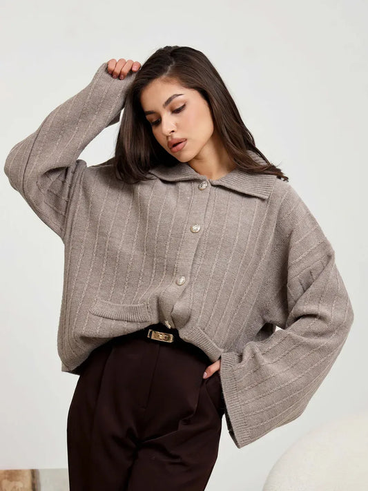 Mocha Cardigan by Lauven - Elegant oversized knitwear with braided pattern, perfect for stylish spring layering.