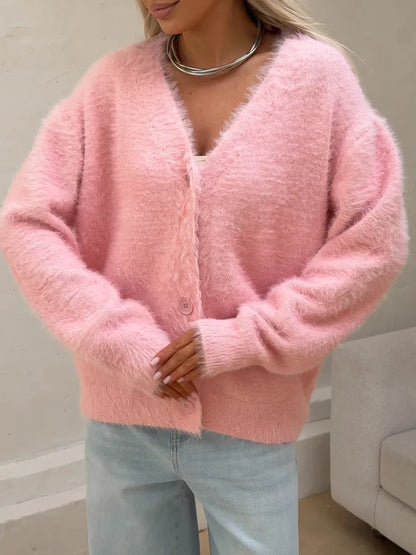 Flora Cardigan by Lauven, oversized pink fluffy knit with button closure, perfect for cozy elegance.
