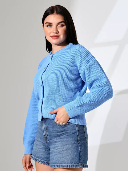 Skyler Cardigan by Lauven, cozy light blue knit sweater with button closure and relaxed fit.