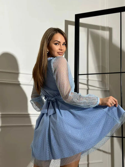 Celeste Mini Dress by Lauven in elegant Tiffany blue with sheer polka dot sleeves and a tailored waist.