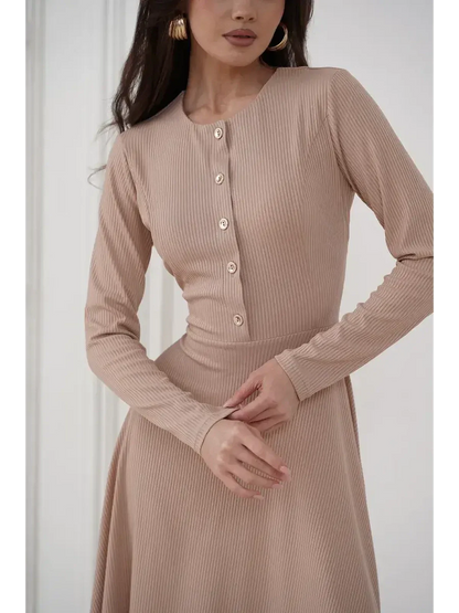 Sculpted Ease Midi Dress in ribbed knit with button accents, showcasing a fitted waist and elegant beige hue.