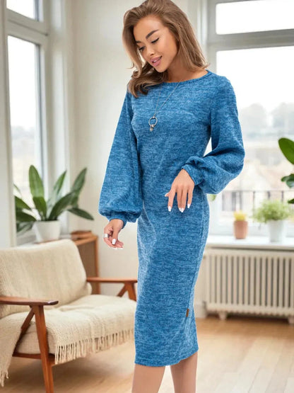 Saphira Midi Dress by Lauven in radiant sapphire blue, featuring voluminous sleeves and an elegant silhouette.