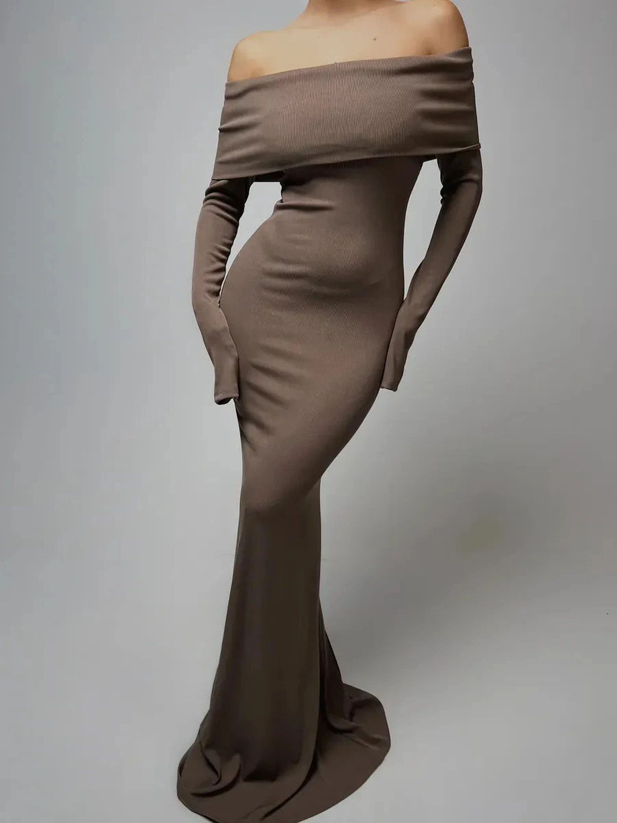 Solara Maxi Dress by Lauven - Off-Shoulder Ribbed Silhouette in Rich Chocolate Color, Elegant Body-Contouring Fit