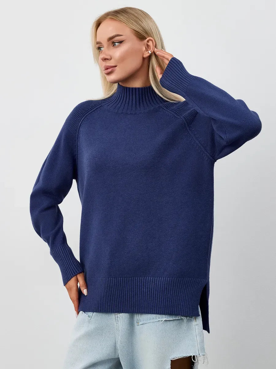 Indigo Sweater by Lauven, oversized navy blue cashmere knitwear with high neck, perfect for cooler seasons.