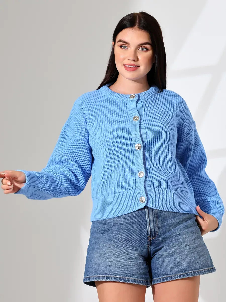 Skyler Cardigan by Lauven — Cozy light blue knit sweater with button closure, perfect for stylish layering.