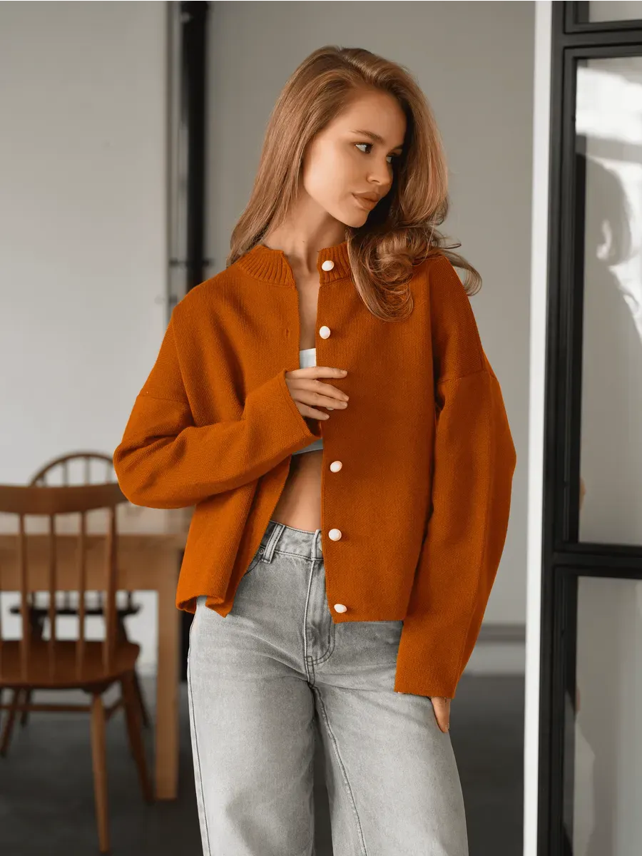 Tangelo Cardigan by Lauven, warm orange knitwear with button closure, perfect for school and casual wear.