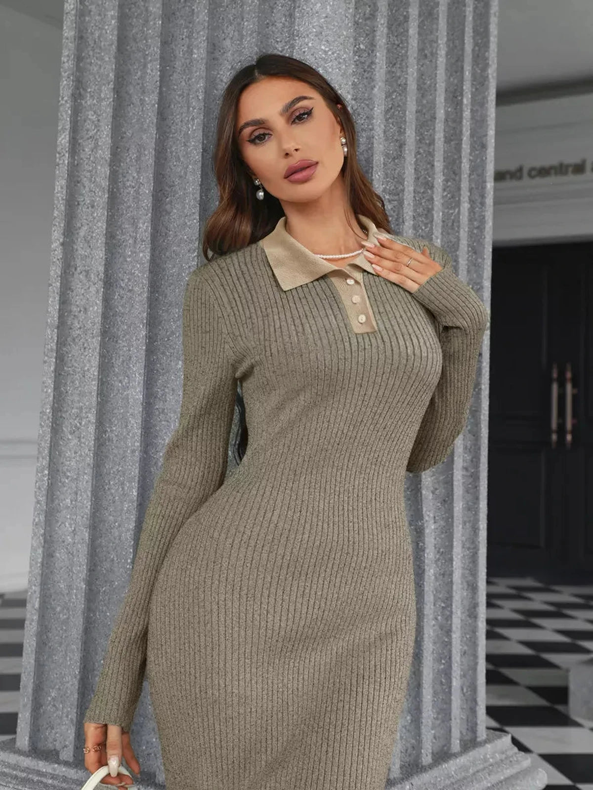 Mocha Midi Dress by Lauven, featuring a sophisticated ribbed knit design, button detail, and contrasting collar.