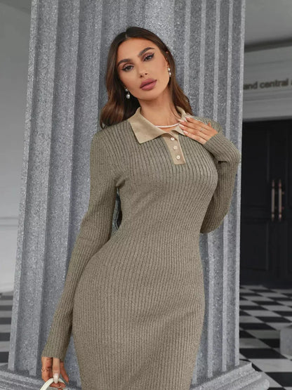 Mocha Midi Dress by Lauven, featuring a sophisticated ribbed knit design, button detail, and contrasting collar.