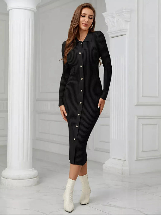 Noir Midi Dress by Lauven featuring a sleek ribbed knit design with button-down details in a chic black color.