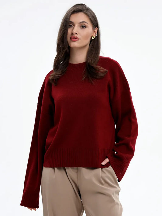 Valora Sweater by Lauven - Oversized knit in deep burgundy red, perfect for seasonal elegance and comfort.