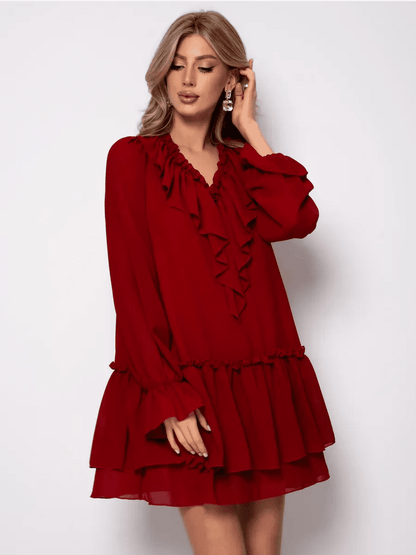 Marsella Mini Dress by Lauven in wine-red chiffon with ruffle detailing, perfect for elegant occasions.