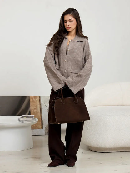 Mocha Cardigan by Lauven - Elegant oversized coffee-colored knitwear with braided pattern, perfect for stylish spring layering.
