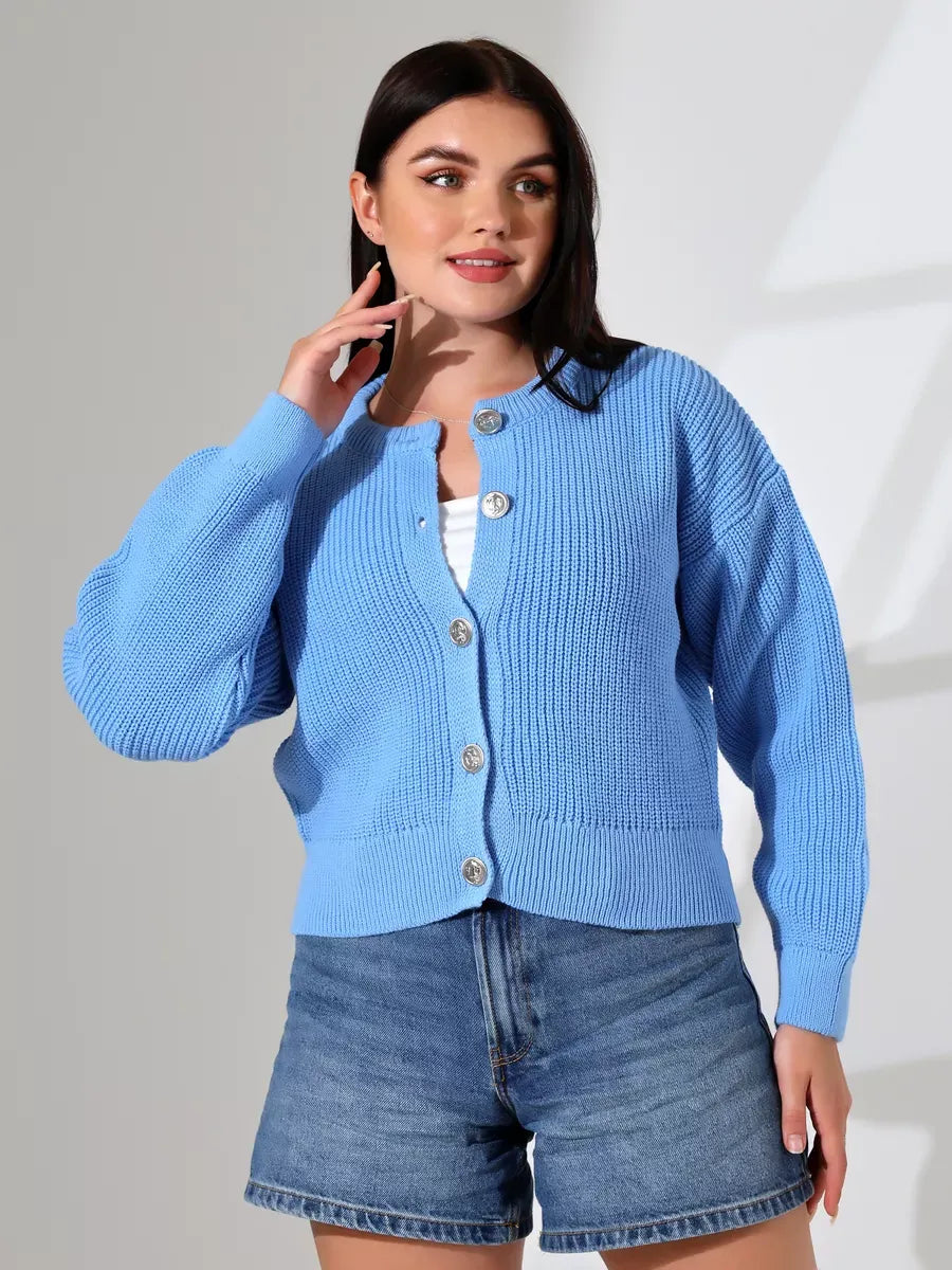 Skyler Cardigan by Lauven: Cozy light blue knit sweater with button closure, perfect for cool days.