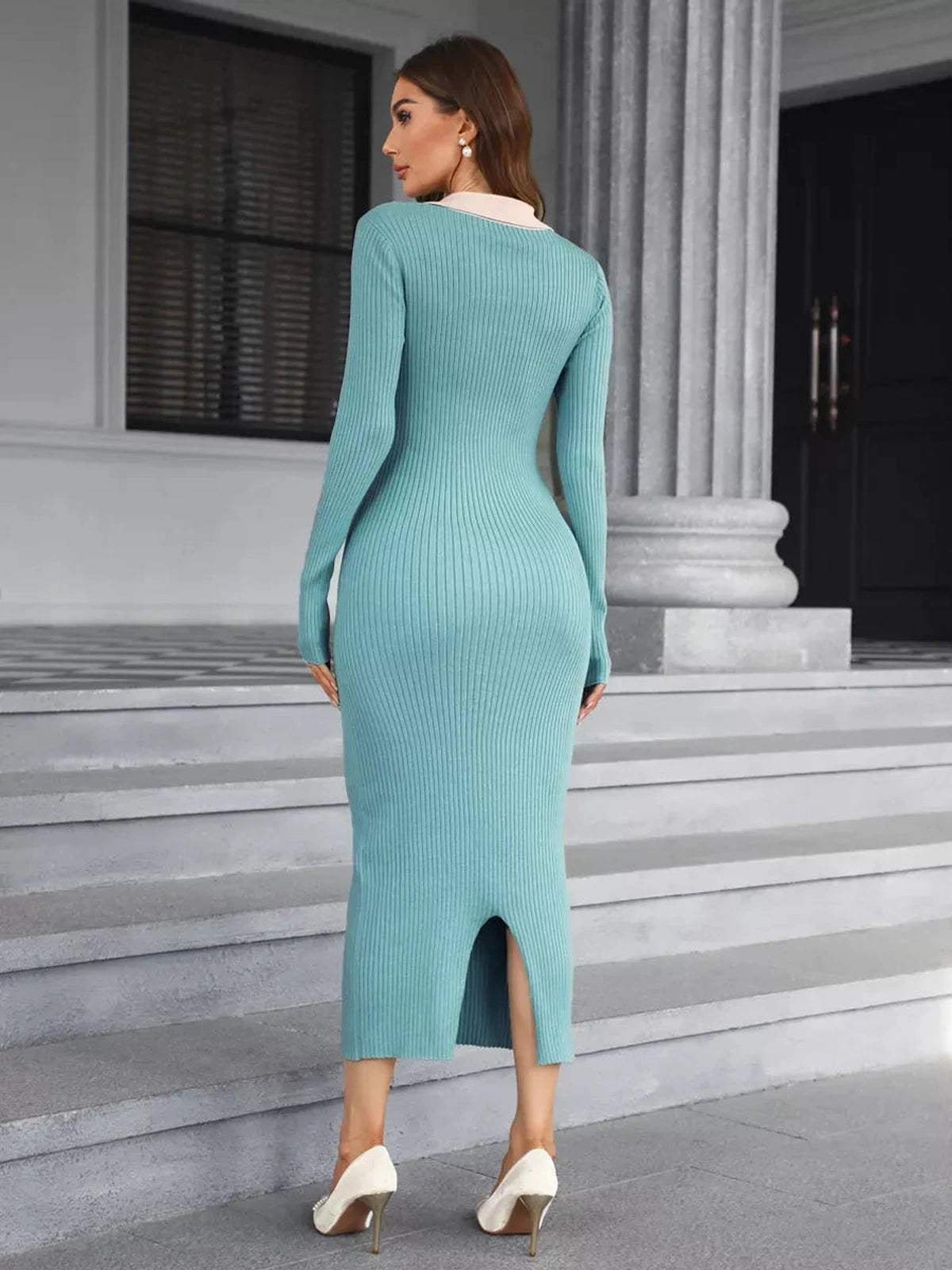 Aqua Midi Dress by Lauven, elegant ribbed knit design with button detail and contrasting collar, showcased from the back.