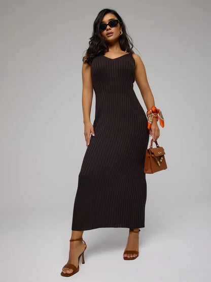 Cacao Maxi Dress by Lauven - Chic brown ribbed knit dress showcasing a flattering silhouette and modern style.