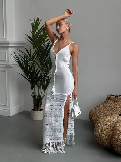Solara Maxi Dress by Lauven featuring airy knit detailing and side slit elegance for summer styling.