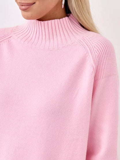 Rosette Sweater by Lauven - Oversized pink cashmere knitwear with high neck for women.