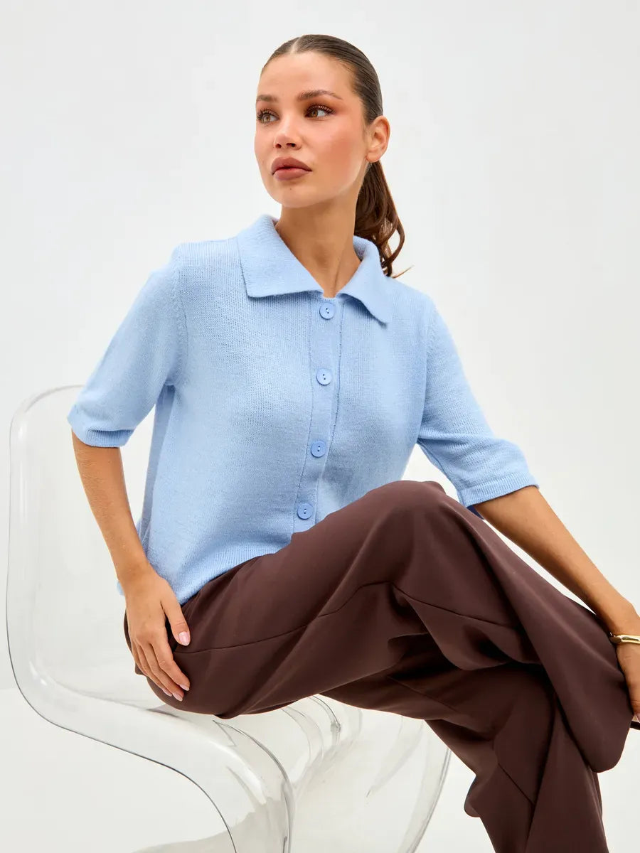 Alba Cardigan by Lauven - Lightweight blue wool blend knitwear with button closure and classic collar.