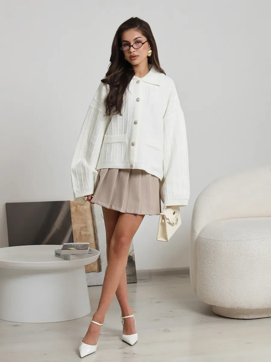 Eira Cardigan by Lauven - Stylish white oversized knitwear with braided pattern and bell sleeves.
