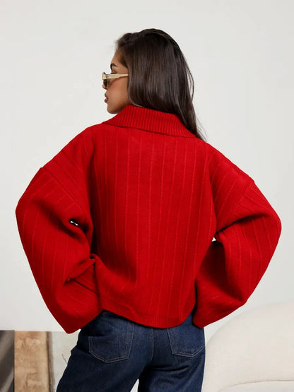 Crimson Cardigan by Lauven, stylish cropped red oversized knitwear with braided pattern and wide bell sleeves.