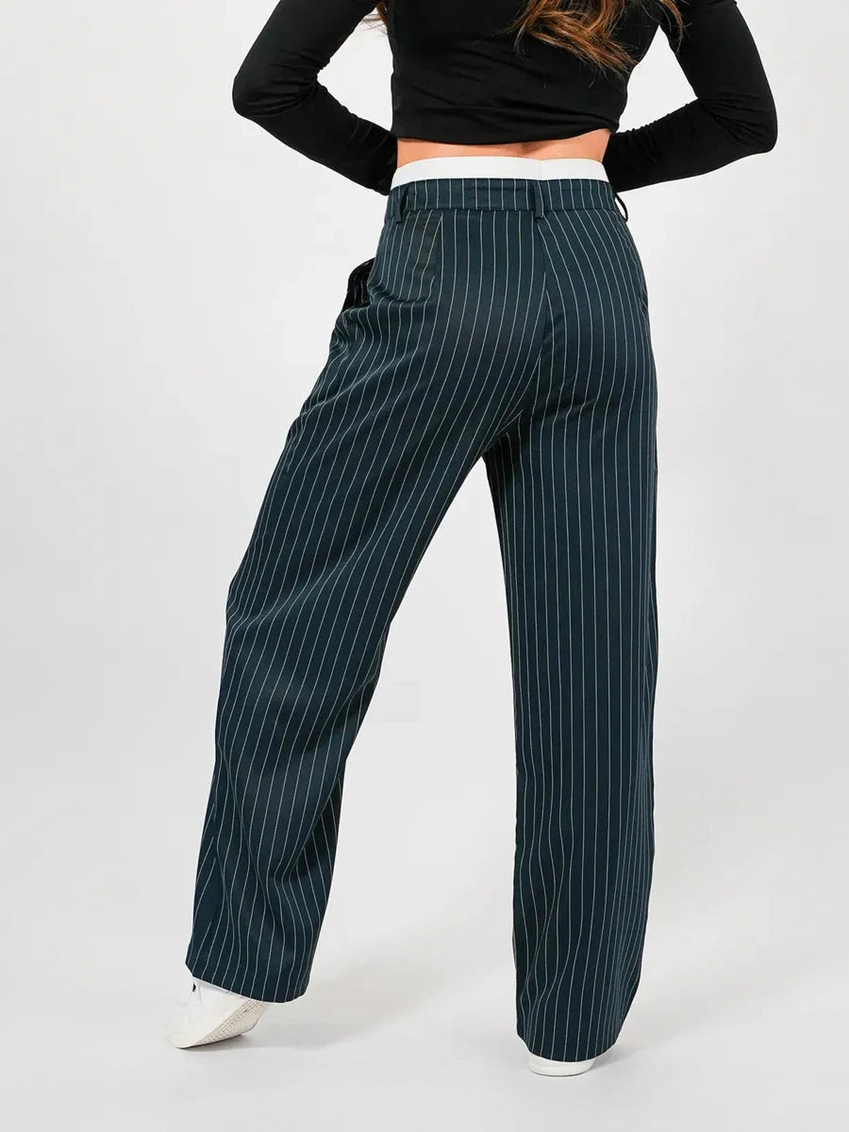 Siri Pants by Lauven, featuring a high-waist wide-leg design in deep green with pinstripe pattern.