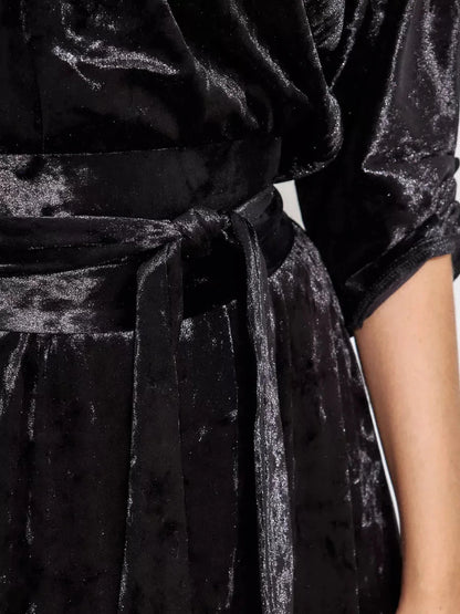 Aveline Maxi Dress close-up detail featuring luxurious black velvet fabric and elegant tie belt by Lauven.