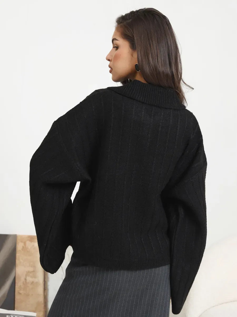 Onyx Cardigan by Lauven - Sophisticated black oversized knitwear with braided pattern and wide bell sleeves.