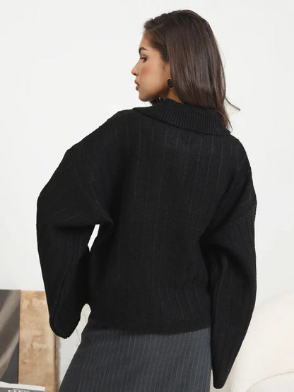 Onyx Cardigan by Lauven - Sophisticated black oversized knitwear with braided pattern and wide bell sleeves.