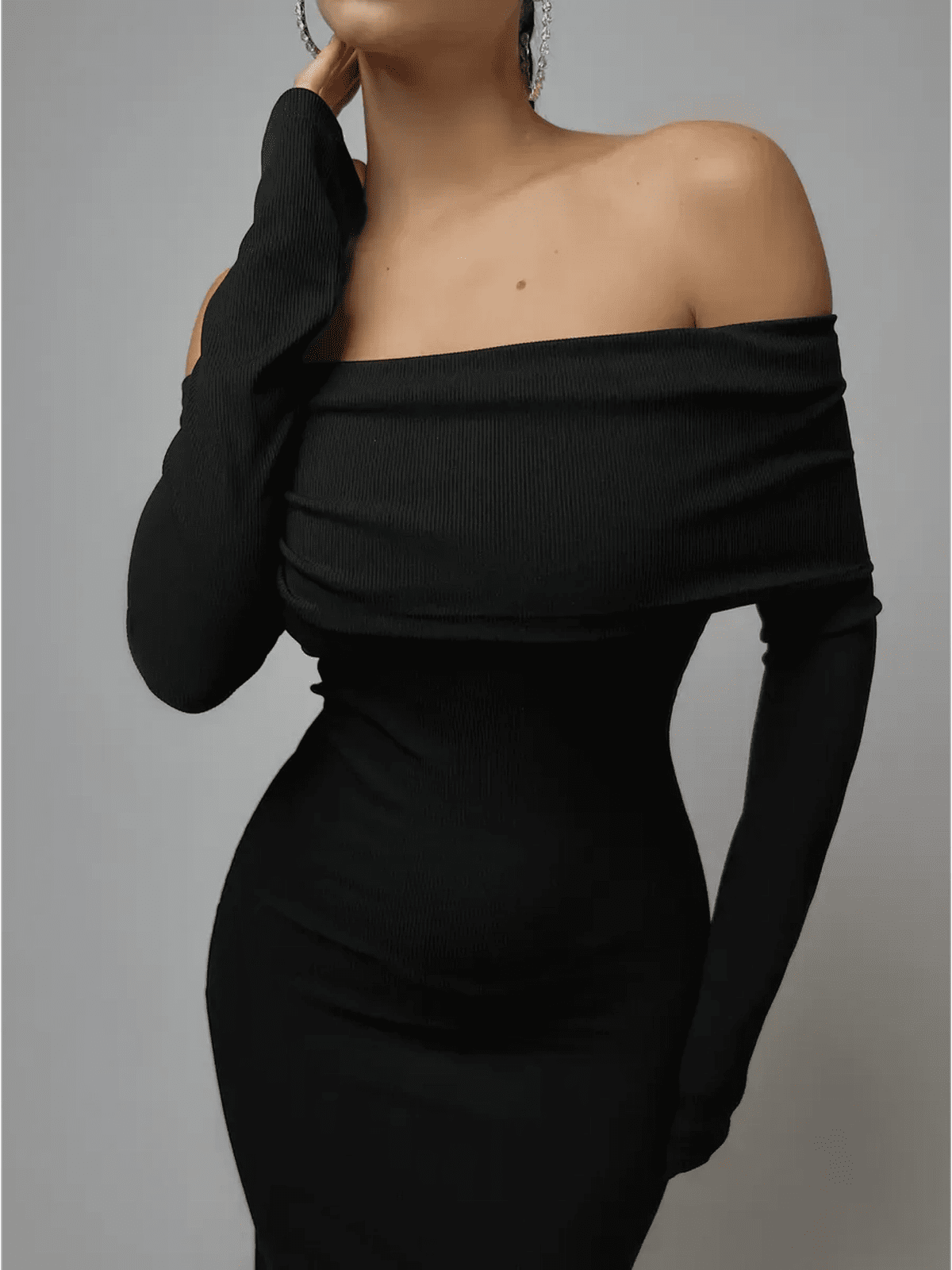 Noctara Maxi Dress by Lauven featuring an off-shoulder silhouette in luxurious ribbed texture, designed in deep black.