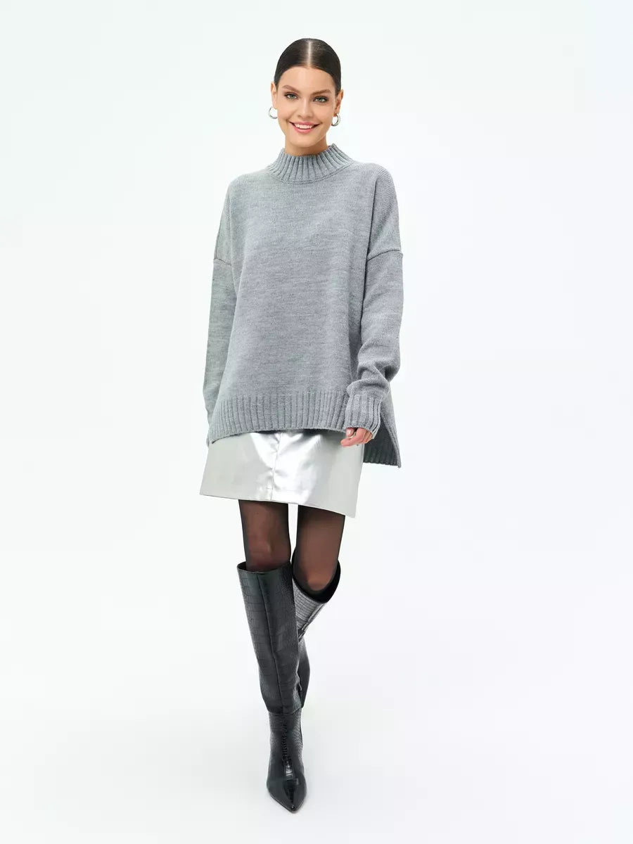 Luna Sweater by Lauven - Oversized long knit with ribbed turtleneck in dark gray, perfect for layering.