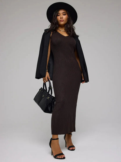 Model wearing Cacao Maxi Dress by Lauven, a chic brown ribbed knit dress, showcasing a stylish look with accessories.