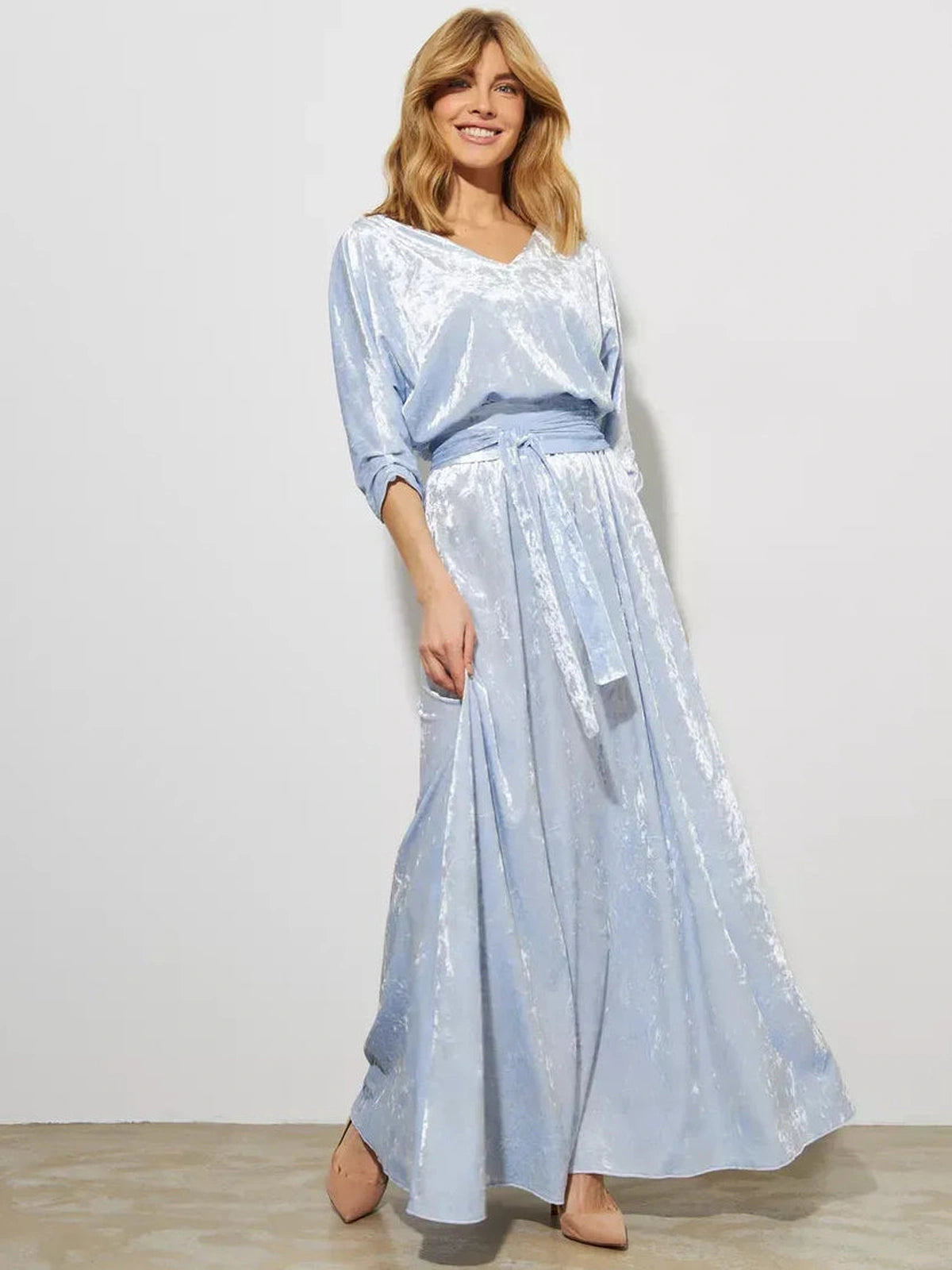 Lunara Maxi Dress by Lauven, Light Blue Velvet A-Line Evening Gown with V-neckline and three-quarter sleeves.