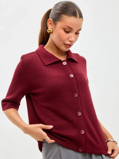 Mira Cardigan by Lauven in lightweight burgundy wool blend with button closure, perfect for layering in autumn.