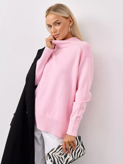 Rosette Sweater by Lauven in oversized pink cashmere knitwear with high neck style