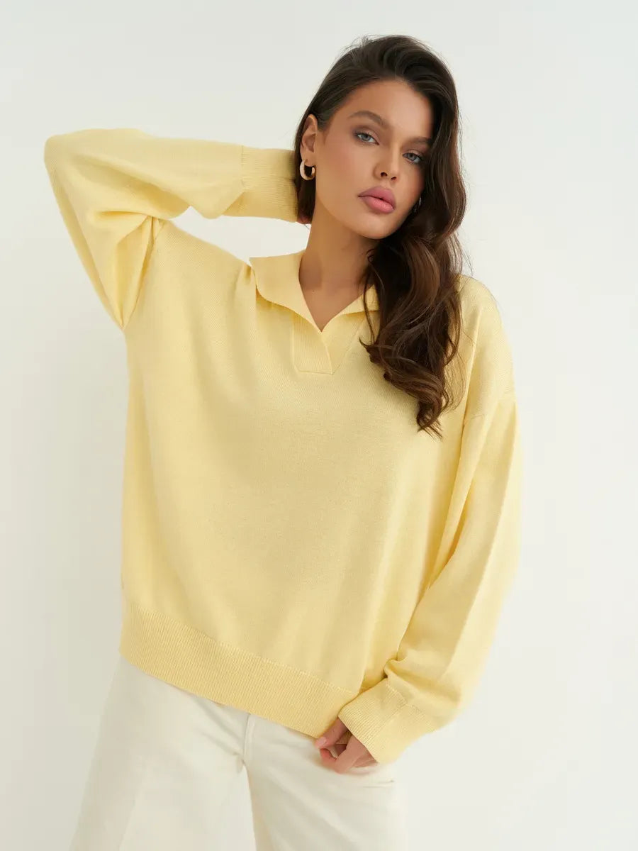 Lemon Glow Sweater by Lauven - Oversized light yellow knit with a subtle print, perfect for spring fashion.