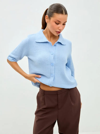 Alba Cardigan by Lauven, lightweight blue wool blend knitwear with button closure.