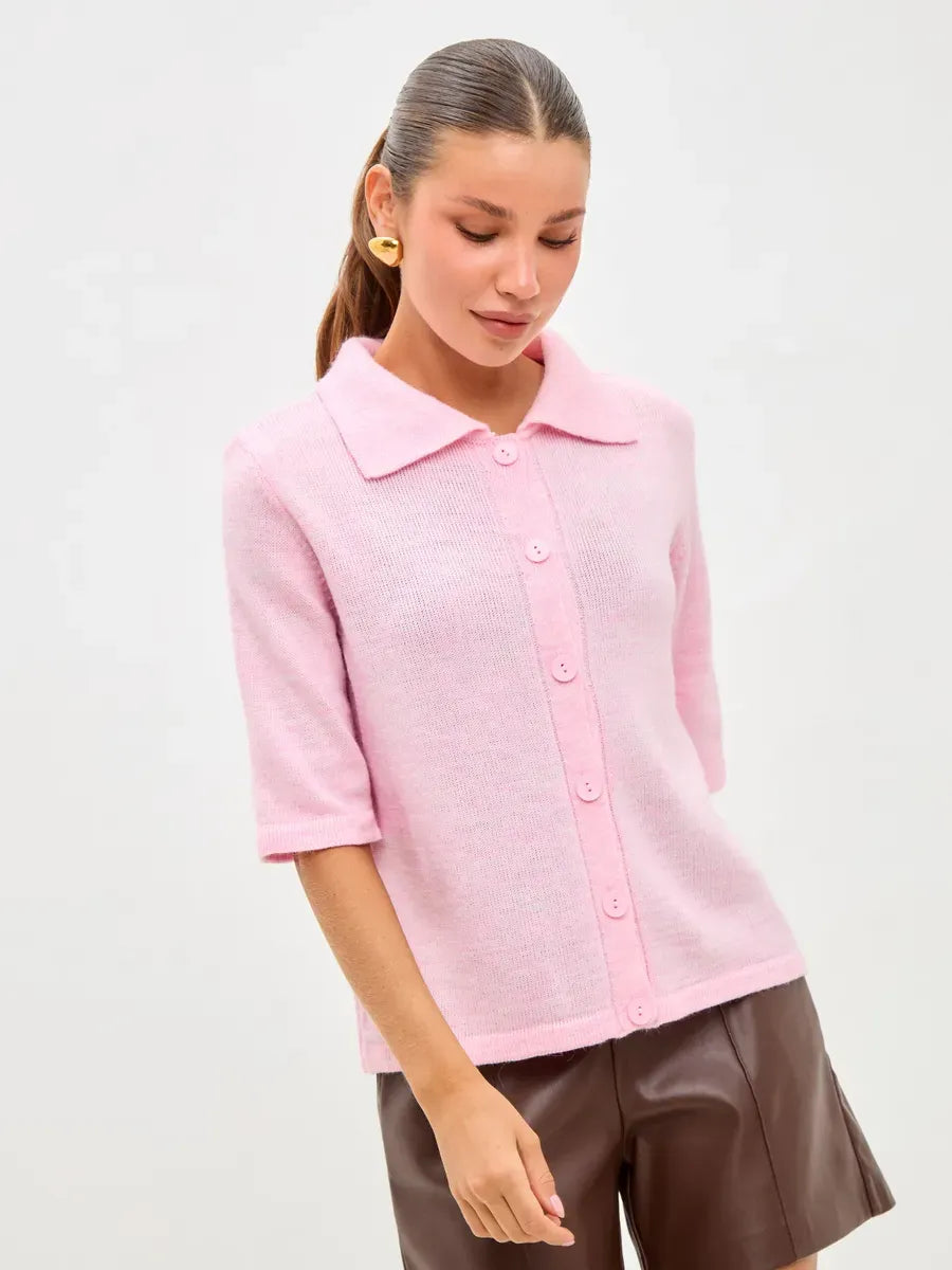 Vera Cardigan by Lauven - Lightweight pink wool blend knitwear with button closure and classic collar.